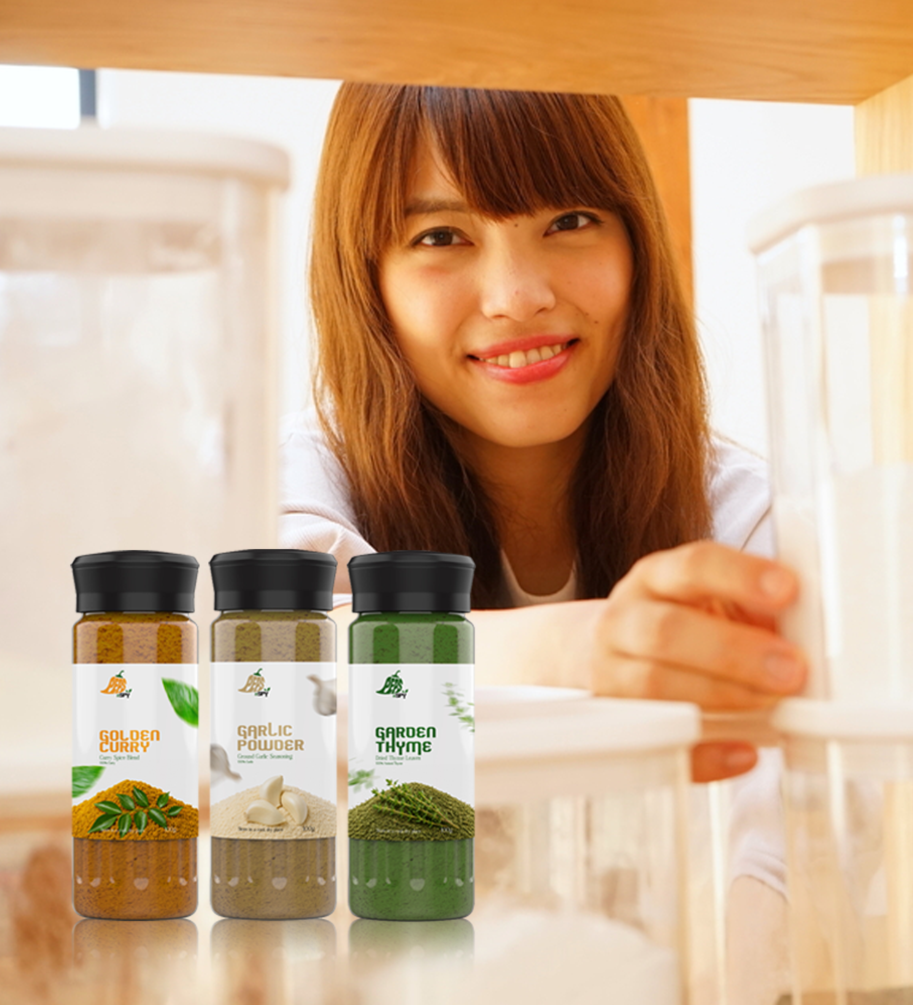 Peps n Spy spice bottles in kitchen storage scene